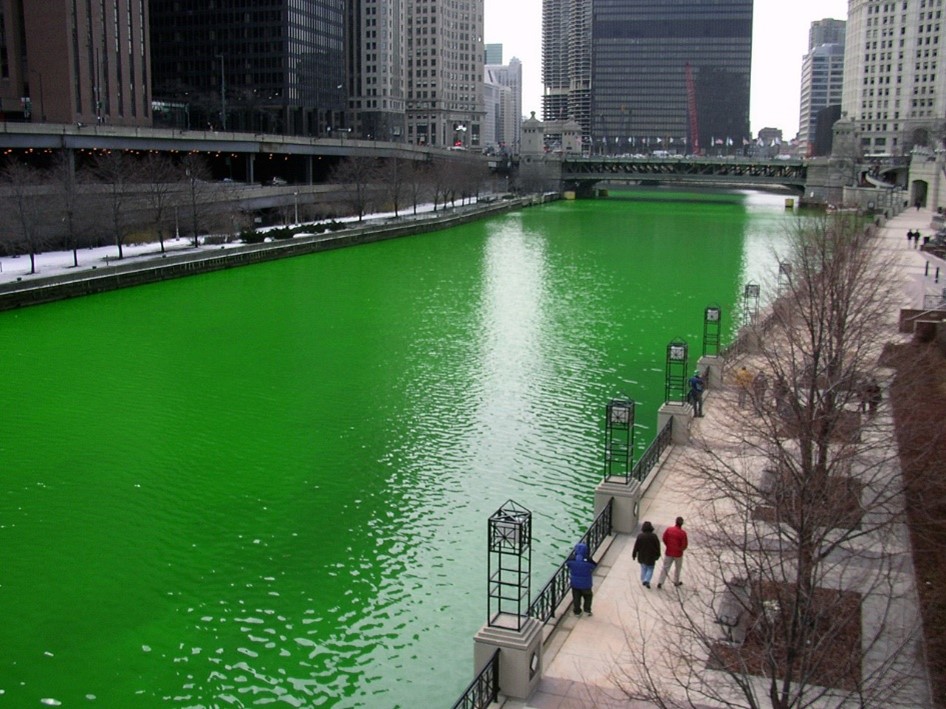 The Chicago River, dyed green for Saint Patrick's Day.