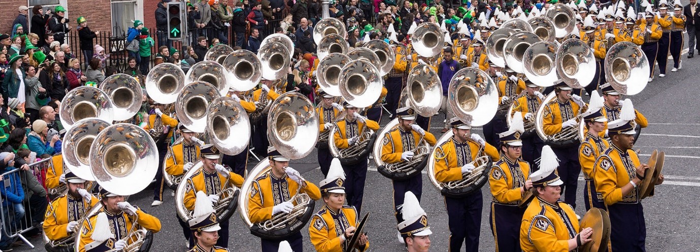 A marching band from Louisiana State University marches in the Dublin St. Patrick’s Day parade in 2014.