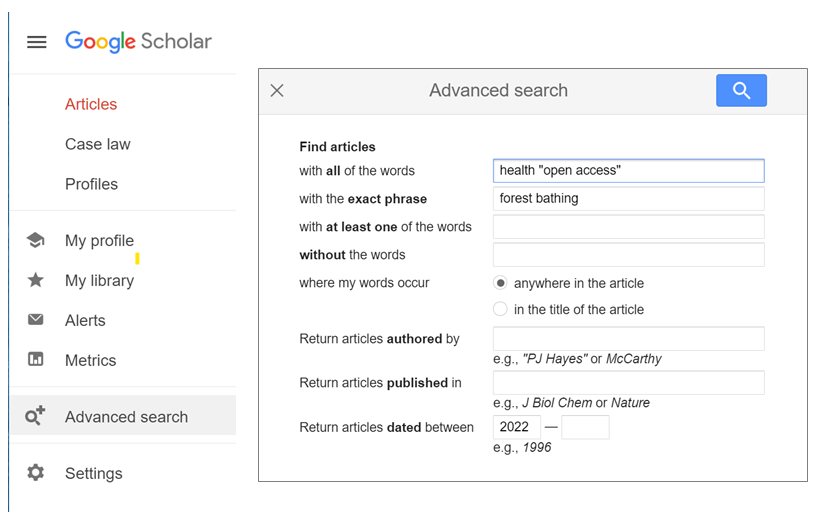 The advanced search box on Google Scholar