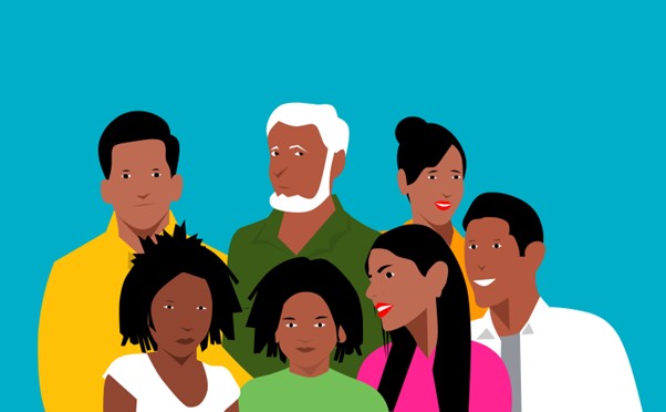 A graphic of seven people, representing all ages and different ethnicity