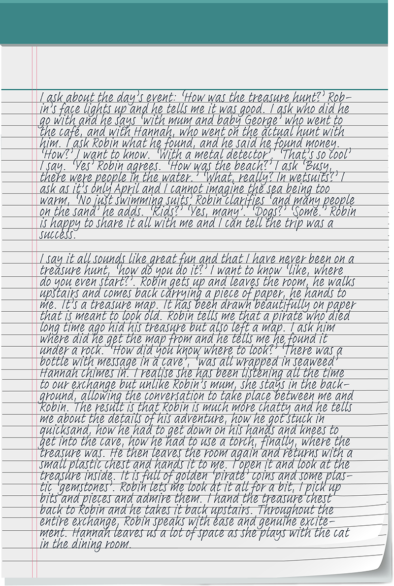I ask about the day’s event: ‘How was the treasure hunt?’ Robin’s face lights up and he tells me it was good. I ask who did he go with and he says ‘with mum and baby George’ who went to the café, and with Hannah, who went on the actual hunt with him. I ask Robin what he found, and he said he found money. ‘How?’ I want to know. ‘With a metal detector’. ‘That’s so cool’ I say. ‘Yes’ Robin agrees. ‘How was the beach?’ I ask ‘Busy, there were people in the water.’ ‘What, really? In wetsuits?’ I ask as it’s only April and I cannot imagine the sea being too warm, ‘No just swimming suits’ Robin clarifies ‘and many people on the sand’ he adds. ‘Kids?’ ‘Yes, many’. ‘Dogs?’ ‘Some.’ Robin is happy to share it all with me and I can tell the trip was a success. I say it all sounds like great fun and that I have never been on a treasure hunt, ‘how do you do it?’ I want to know ‘like, where do you even start?’. Robin gets up and leaves the room, he walks upstairs and comes back carrying a piece of paper, he hands to me. It’s a treasure map. It has been drawn beautifully on paper that is meant to look old. Robin tells me that a pirate who died long time ago hid his treasure but also left a map. I ask him where did he get the map from and he tells me he found it under a rock. ‘How did you know where to look?’ ‘There was a bottle with message in a cave’ ‘was all wrapped in seaweed’ Hannah chimes in. I realise she has been listening all the time to our exchange but unlike Robin’s mum, she stays in the background, allowing the conversation to take place between me and Robin. The result is that Robin is much more chatty and he tells me about the details of his adventure, how he got stuck in a quicksand, how he had to get down on his hands and knees to get into the cave, how he had to use a torch, finally, where the treasure was. He then leaves the room again and returns with a small plastic chest and hands it to me. I open it and look at the treasure inside. It is full of golden ‘pirate’ coins and some plastic ‘gemstones’. Robin lets me look at it all for a bit, I pick up bits and pieces and admire them. I hand the treasure chest back to Robin and he takes it back upstairs. Throughout the entire exchange, Robin speaks with ease and genuine excitement. Hannah leaves us a lot of space as she plays with the cat in the dining room.