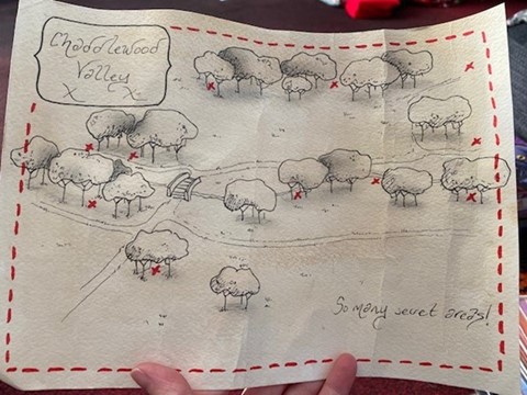 Drawing of a treasure map showing paths which cross between trees. Red crosses indicate where treasure may be hidden