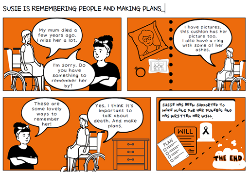 A series of illustrated storyboards. In the first, Susie says ‘My mum died a few years ago. I miss her a lot’ to which another woman replies ‘I’m sorry. Do you have something to remember her by’. In the next, Susie says ‘I have pictures, this cushion has her picture too. I also have a ring with some of her ashes’. In the next, the woman says ‘These are some lovely ways to remember her!’ Susie replied ‘Yes, I think it’s important to talk about death. And make plans’. In the next there is a box of text which reads ‘Susie has been supported to make plans for her funeral and has written her will’.
