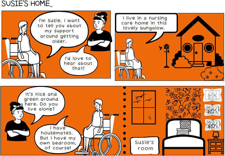 A series of illustrated storyboards. In the first, a woman in a wheelchair says ‘I’m Susie. I want to tell you about my support around getting older to another woman who says ‘I’d love to hear about that!’ In the next, Susie is outside a building and says ‘I live in a nursing care home in this lovely bungalow’. In the next, the other woman says ‘It’s nice and green around here. Do you live alone?’ to which Susie says ‘I have housemates. But I have my own bedroom of course!’ In the last you can see Susie’s room, with a bed, bedside table and lamp, and pictures on the wall.