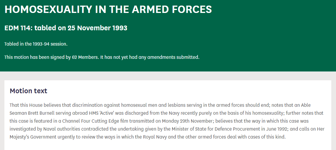 Cynnig cynnar-yn-y-dydd 'Homosexuality in the armed forces'