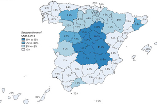 Diagram map of the seroprevalence of SARS-CoV-2 by province in Spain, May 2020.