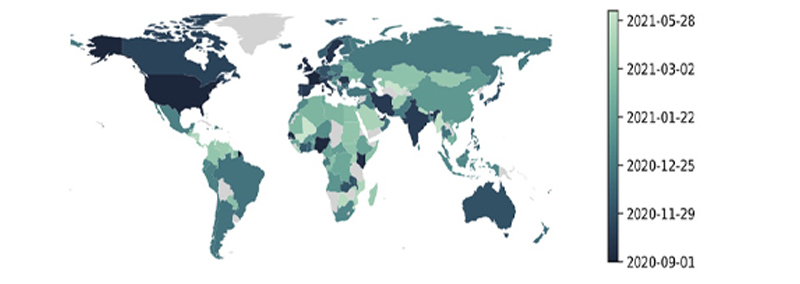 Map showing the date of the first identified alpha variant genomic sequence in different countries.