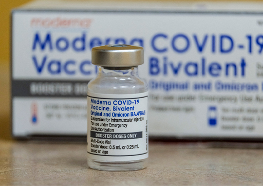 This photo shows a vial of the Moderna Covid-19 vaccine, Bivalent, at AltaMed Medical clinic in Los Angeles, California, on October 6, 2022.