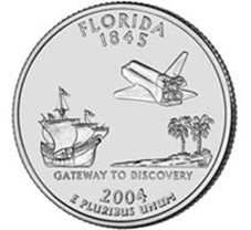 Florida commemorative 25c coin, minted in 2004. Spanish Galleon, Space Shuttle, strip of land with palm trees.