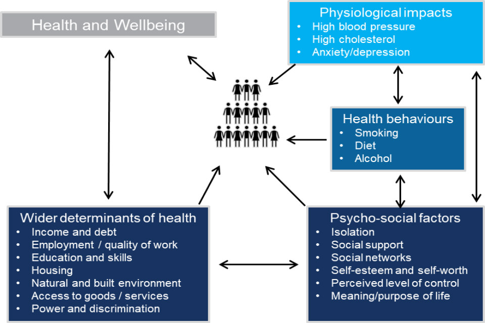 Infographics of four components that interact to affect the health and wellbeing of individuals and at a population level.