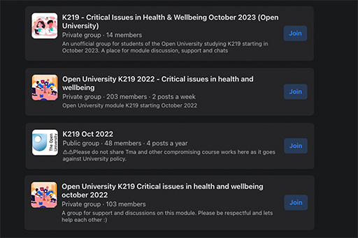 Screenshot of different groups for the Open University module K219.