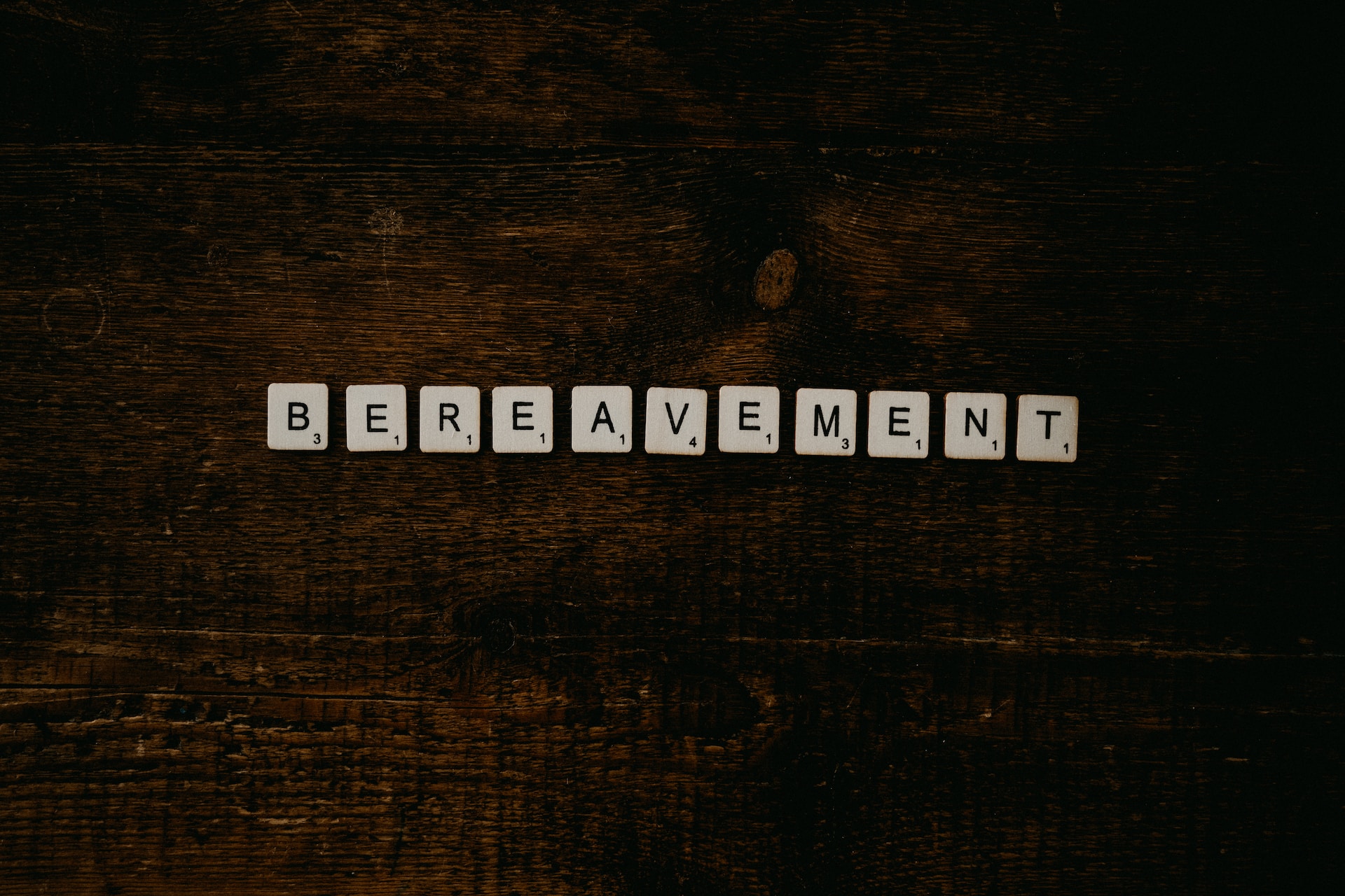 The word bereavement spelled out in scrabble letters