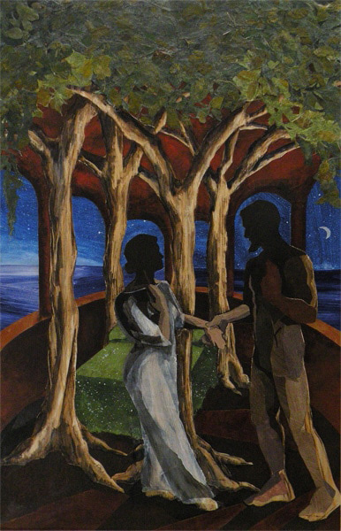 A male and female figure, their faces in shadow, stand in front of a bed which has a green cover. The posts of the bed are made of the trunks of living trees, with the trees’ canopy forming a covering overhead. The scene is set against a night sky in shades of deep blue, with a crescent moon and stars visible.