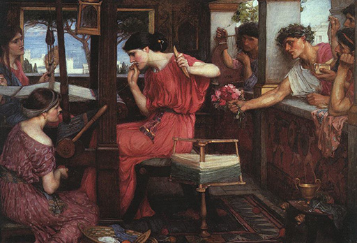 In the centre of the image is a seated female figure clothed in a long red/orange dress. She sits in front of a large wooden loom. In her hand is a shuttle and she holds a length of thread between her teeth. She is utterly focused on the task of weaving. Behind her back four men hang through the windows of the room, attempting to get her attention. One holds out a bunch of flowers; another is playing a stringed instrument. There are also two other female figures assisting with the weaving.
