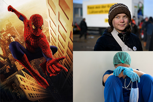A montage showing three figures who might be considered heroes: a cartoon figure of Spiderman; climate activist Greta Thunberg; and an exhausted-looking medical worker dressed in blue surgical scrubs, disposable gloves and a hair covering, and holding a disposable face mask.