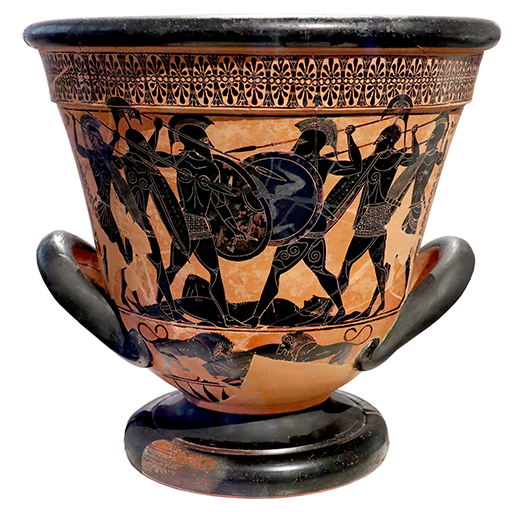 A large, footed, terracotta pot with two handles close to the base. The pot is decorated with figures painted in black, which contrasts with the terracotta-coloured background. In the centre are two warriors, depicted in profile, carrying round shields and pointing spears at one another. Both wear crested helmets. At their feet lies the naked body of a fallen warrior. Other warriors carrying spears and wearing helmets stand behind the two central figures. The pot also has a decorative floral pattern at the rim, and images of lions around the base.