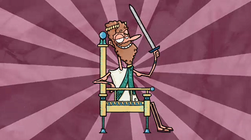 A cartoon depiction of a bearded figure sitting on a golden throne, wearing a crown and carrying a sword. The figure wears a tunic and sandals and has a smug grin.