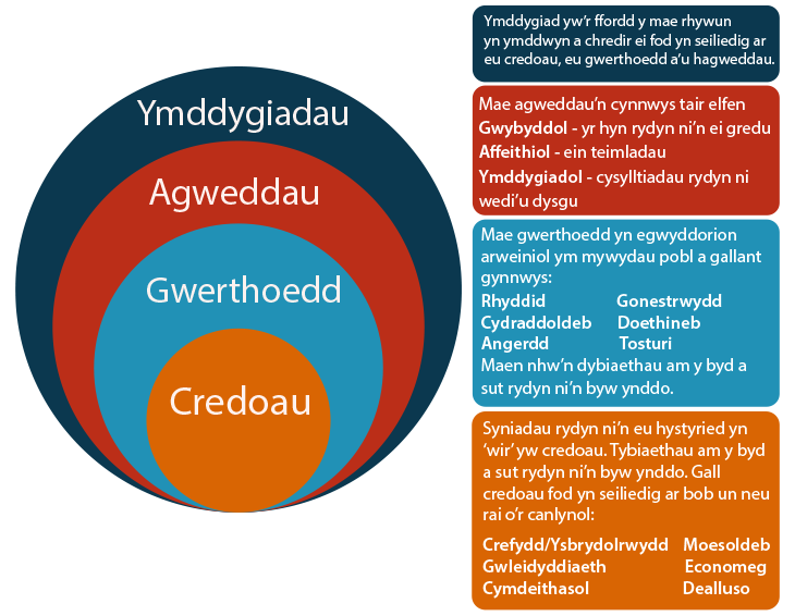 Cysylltiad rhwng ymddygiad, agweddau, gwerthoedd a chredoau. Disgrifiad llawn yn y ddolen Disgrifiad hir.