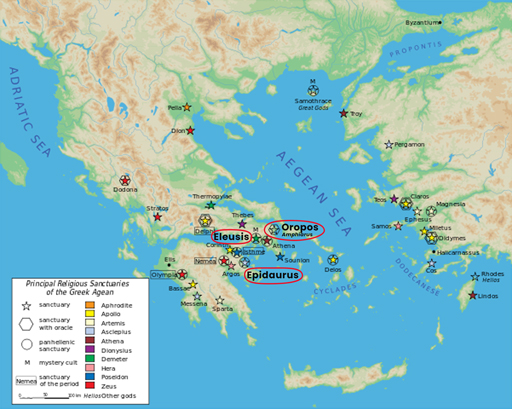 Map depicting key religious sanctuaries of the Greek Aegean.