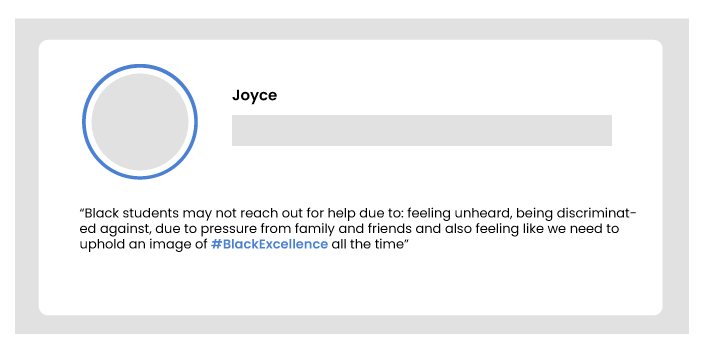 The post says: ‘Black students may not reach out for help due to: feeling unheard, being discriminated against, due to pressure from family and friends and also feeling like we need to uphold an image of #BlackExcellence all the time.’