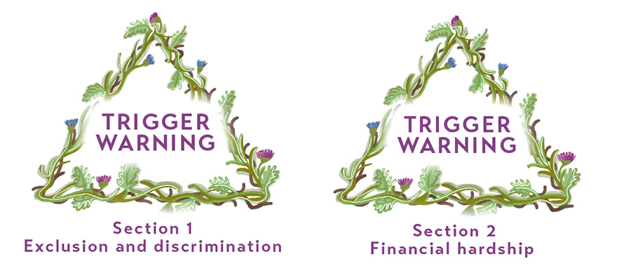 Trigger warning. Section 1: exclusion and discrimination. Trigger warning. Section 2: financial hardship.