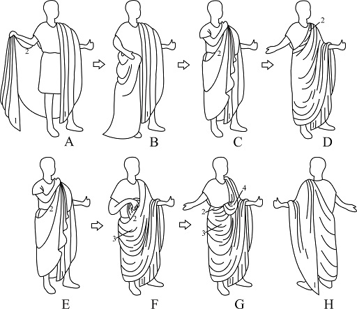 This image shows eight line drawings of a standing man. The aim is to show, one step at a time, the way the toga way draped. The figures are labelled A-H. A: The man (who also wears a short-sleeved, knee-length tunic belted at the waist) has the semi-circular toga draped around his body such that the straight edge (labelled ‘2’) is at the top and the curved edge hanging down. One corner (labelled ‘1’) hangs down his front on the left to just above his feet. It is then draped over his left shoulder and around his back. He holds the right side of it with his right hand. The other corner is also labelled ‘1’. B: The man has pulled the right side of the toga under his right arm. C: The man is throwing the right side of the toga over his left shoulder with the straight edge (‘2’) diagonally across his chest. D: The man is now standing with his toga draped in the correct way for the late Republican period, with the straight part of the toga (‘2’) draped around his back and diagonally across his chest, and the right side of the toga thrown over his left shoulder, with his left arm carrying the bulk of the folds (although his hand is free) and leaving his right arm completely free. The left corner (‘1’) hangs between his legs. E: This is a repeat of image C, signalling that the viewer return to this stage to understand the steps to follow, which is a second style of draping from the imperial era. F: The toga has been thrown over the left shoulder as above, but this time a bit of the toga underneath has been pulled out over the outermost diagonal (‘2’) and there is a second, shorter layer of cloth hanging down (labelled ‘3’). G: This is the finished imperial toga, which is similar to image D except that there is a pouch of cloth protruding over the diagonal (‘2’) across the chest. This is labelled ‘4’. There is also the second, shorter layer of cloth hanging down (labelled ‘3’) over the main drooping fold of the toga. H: shows the back of the man in his fully draped toga, showing the side that was thrown over the left shoulder hanging down the back all the way to the feet.