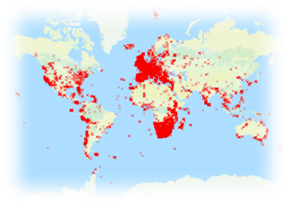 A map of ispot users and their observations globally. The red dots show representation in every continent except Antarctica. 
