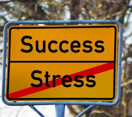 A sign with the words ‘Success’ and ‘Stress’. with ‘Stress’ crossed out.