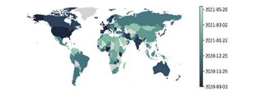 Map showing the date of the first identified alpha variant genomic sequence in different countries.