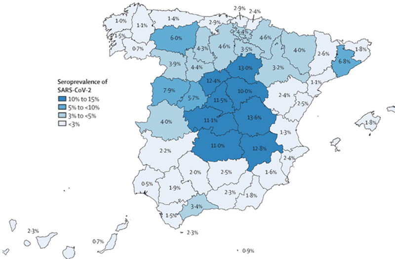 Diagram map of the seroprevalence of SARS-CoV-2 by province in Spain, May 2020.