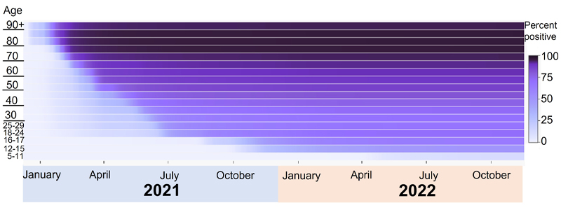 A heat map showing the percentage of individuals in different age groups, that had received a first dose of COVID-19 vaccine by the time-points shown on the x-axis. Each bar represents one age group and the colour of the bar shows the percentage who had received one dose of vaccine at the stated time.