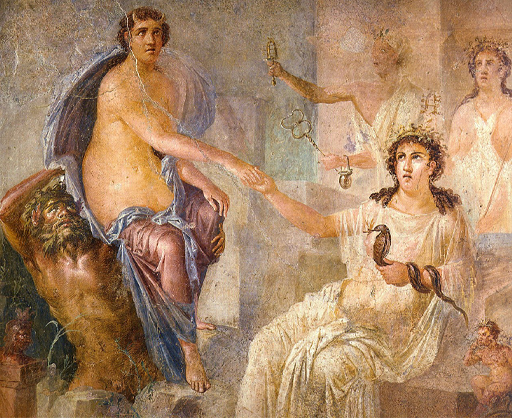 A wall painting. Two central figures (both women) clasp hands. The one on the left, as the viewer sees it, is naked to the waist. She has two small horns in her head and looks up; she is higher because she is being carried on the shoulders of a bronzed and bearded figure. Below her, to the right, is the second woman. Clothed simply in a white dress, and crowned, she holds a snake in her left hand, which is wrapped around her wrist. A tiny figure sits to her left. In the background are another pair (faint, possibly a man and a woman), holding accruements.