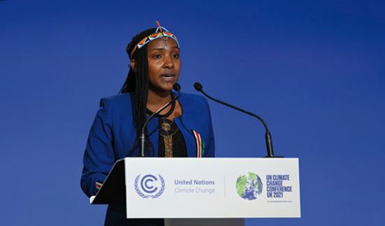 Elizabeth Wathuti speaking at the World Leaders Summit Opening ceremony, COP 26, Glasgow, 2021.