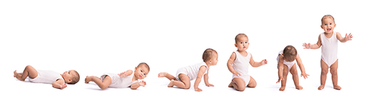 Baby/toddler lying on back, rolling, crawling, kneeling, standing