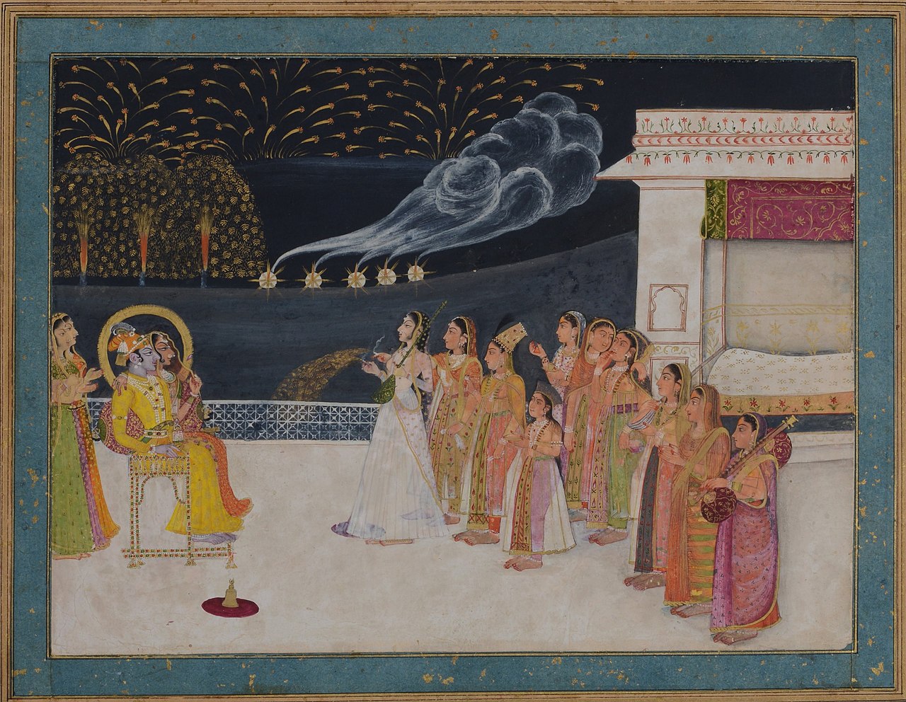 Radha and Krishna watching fireworks in the night sky by Sitaram. Kishangarh, late 18th-century. 
