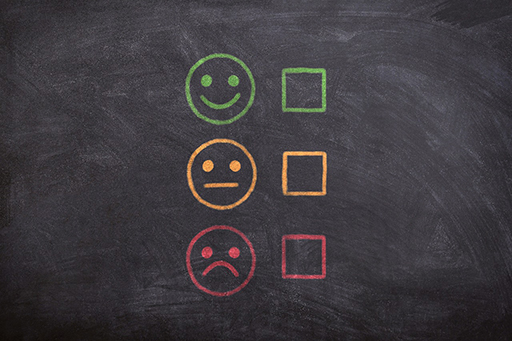 A smiley face, a sad face and a face in between, each with tick boxes next to them.
