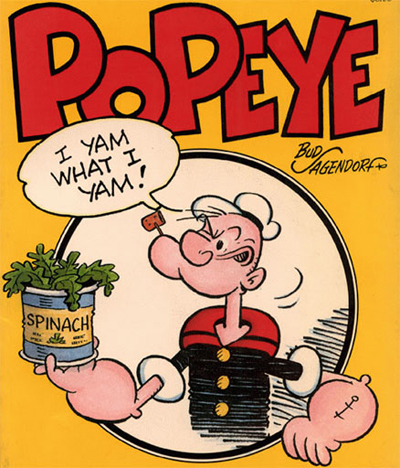 Cartoon of Popeye holding a can of spinach and speech bubble saying 'I yam what I yam!'