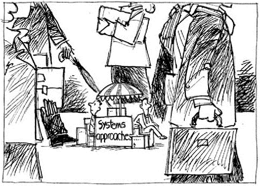 A cartoon shows two people sitting under a parasol with a sign saying ‘systems approaches’.