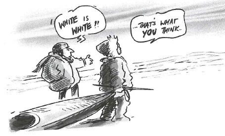 This cartoon shows two people holding a canoe and looking out towards the sea.