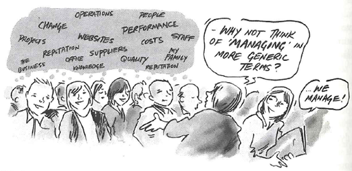 A cartoon of a group of people, with two people at the front.