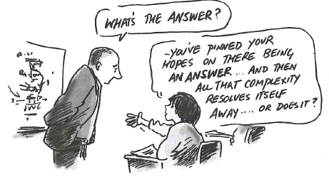 This cartoon shows two characters talking to one another.