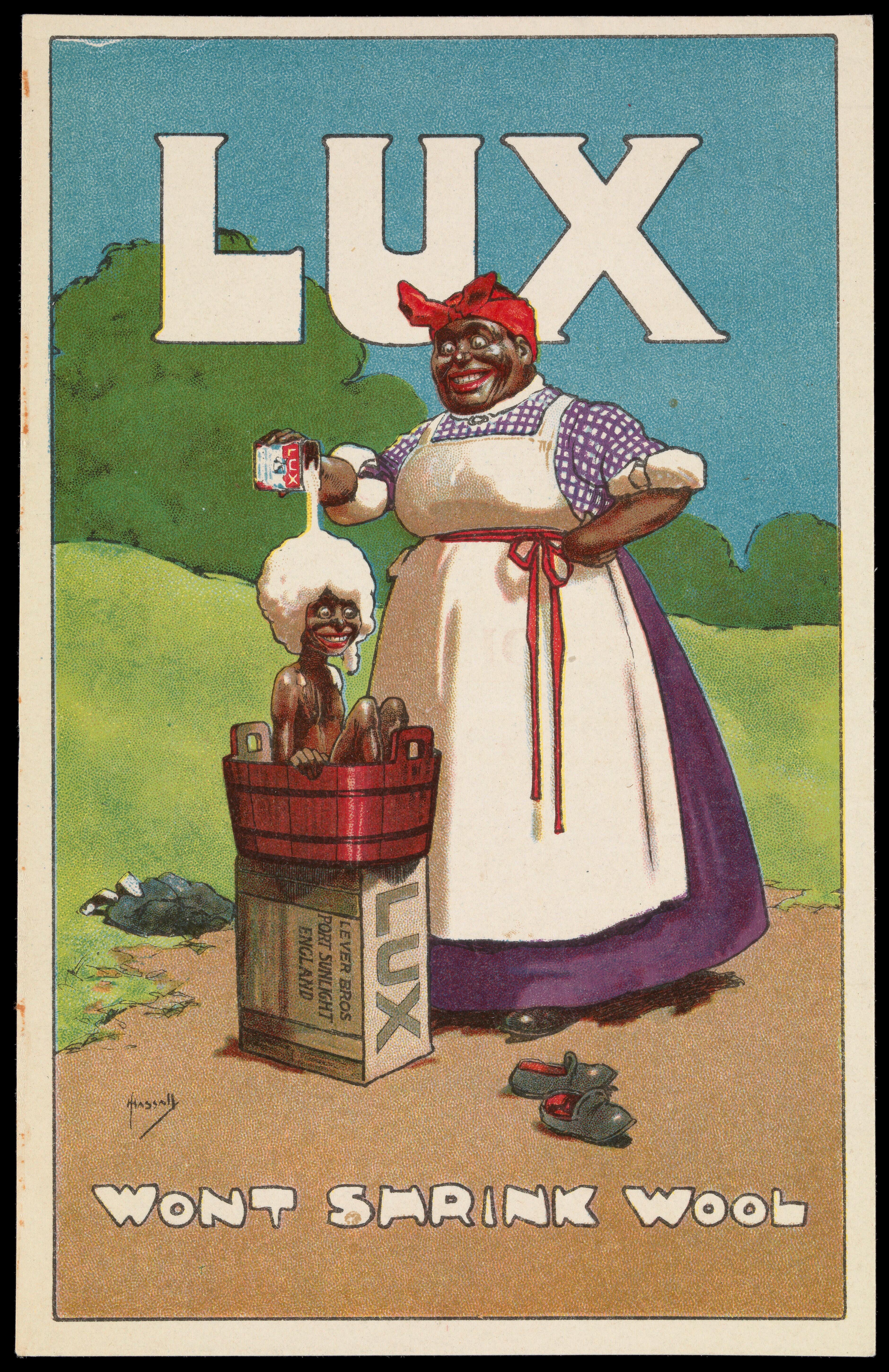 Lux advert - text: 'Lux won't shrink wool', illustration is a black woman pouring the product on a black child's hair