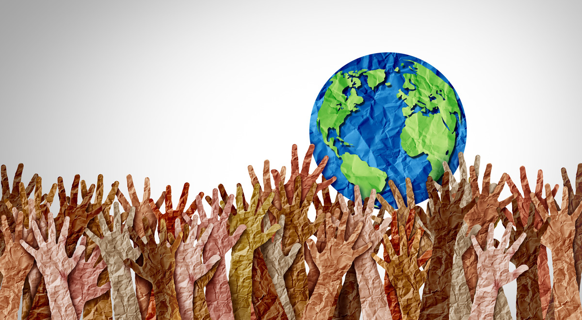 Paper illustration - lots of hands reaching for the world in the sky