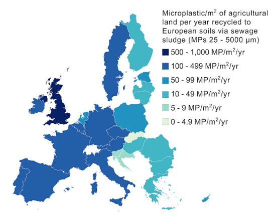 map showing relative MP pressure on European agricultural soils, per nation, caused by recycling MP-laden sewage sludge