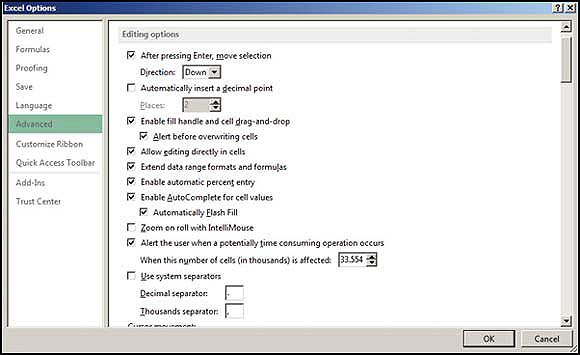 Screenshot showing how to select the advanced option in Excel
