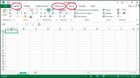 A blank Excel worksheet with the different editing tools at the top