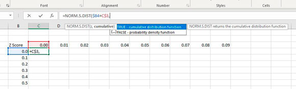 A z-score table showing the entry of Excel formula ‘NORM.S.DIST($B4+C$3’ and selecting ‘TRUE - cumulative distribution function’