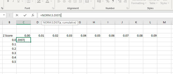 A z-score table showing the entry of Excel formula ‘NORM.S.DIST(z, cumulative)’