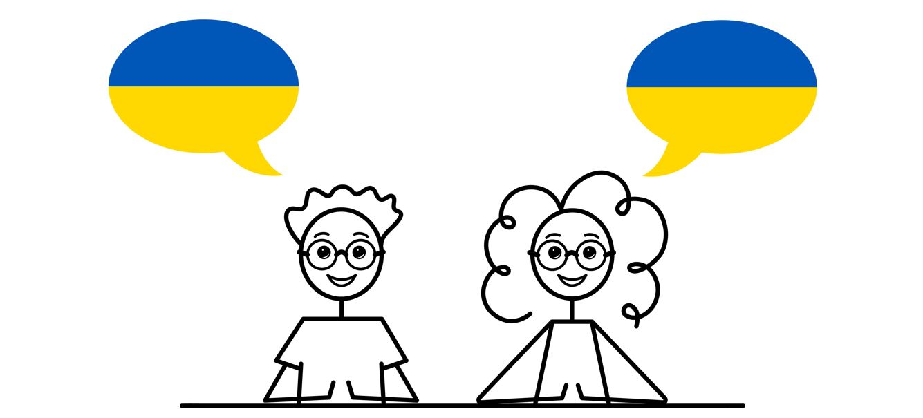Two cartoon people with speech marks as the Ukrainian flag