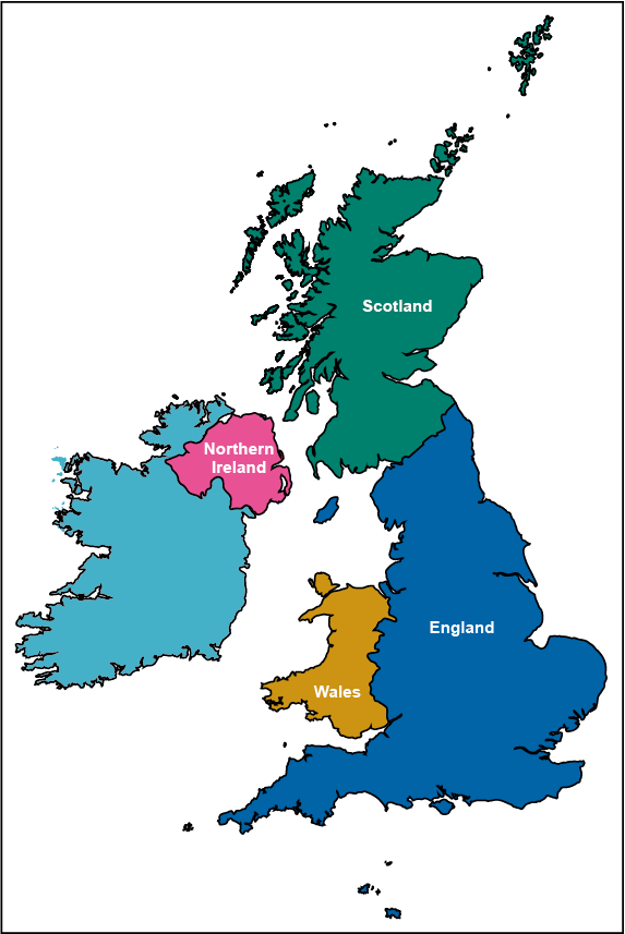 Map of the UK showing the four countries of England, Wales, Scotland and Northern Ireland.